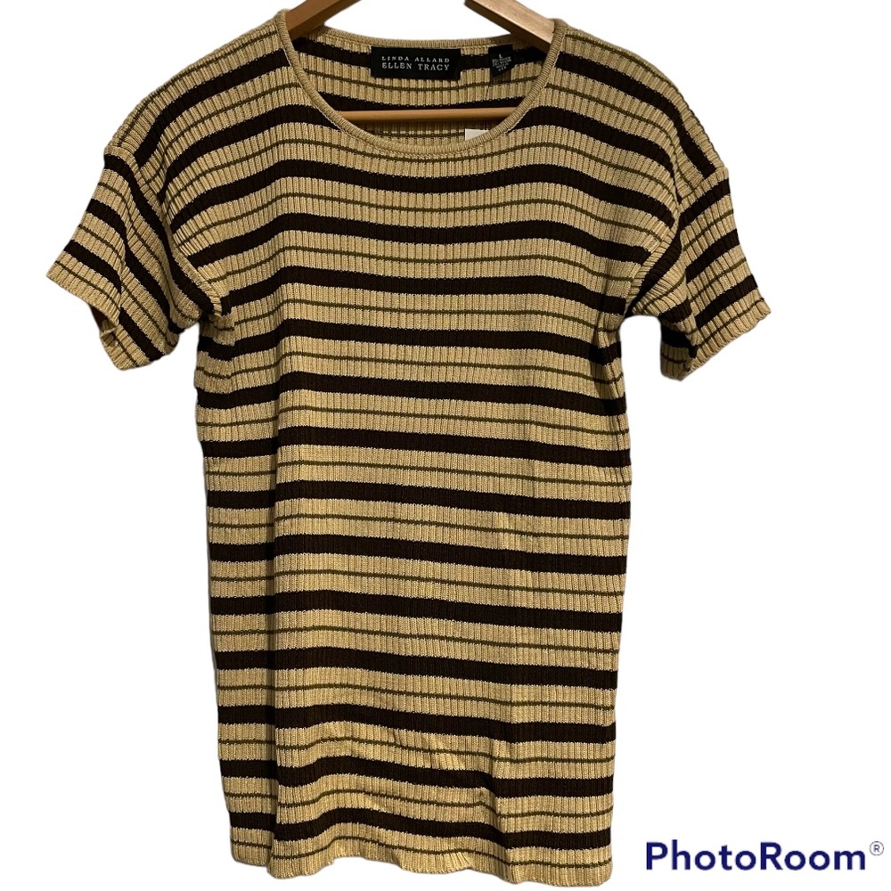 NWT Linda Allard Ellen Tracy Striped Top. Size Large. Brown/Tan/Green